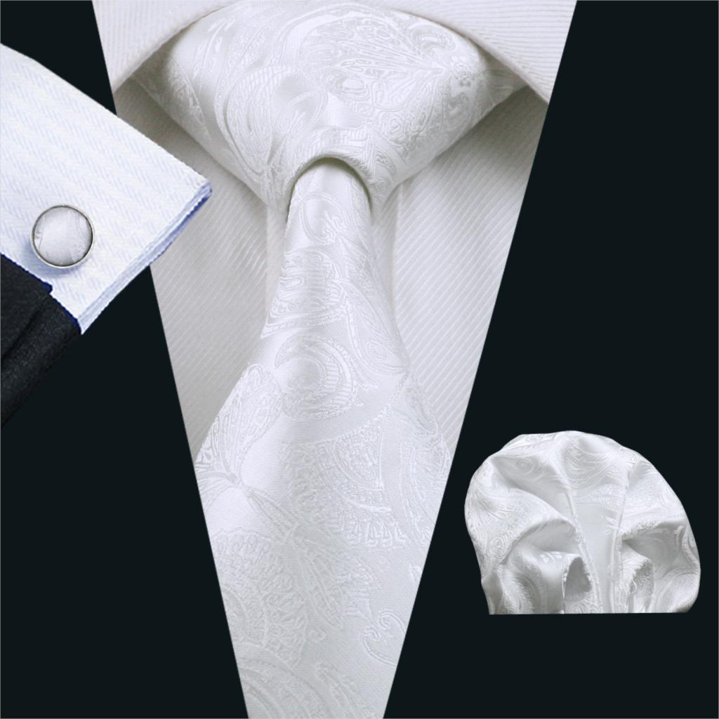 Cufflinks Silver Set - FA-393 Men's Tie White Paisley Silk