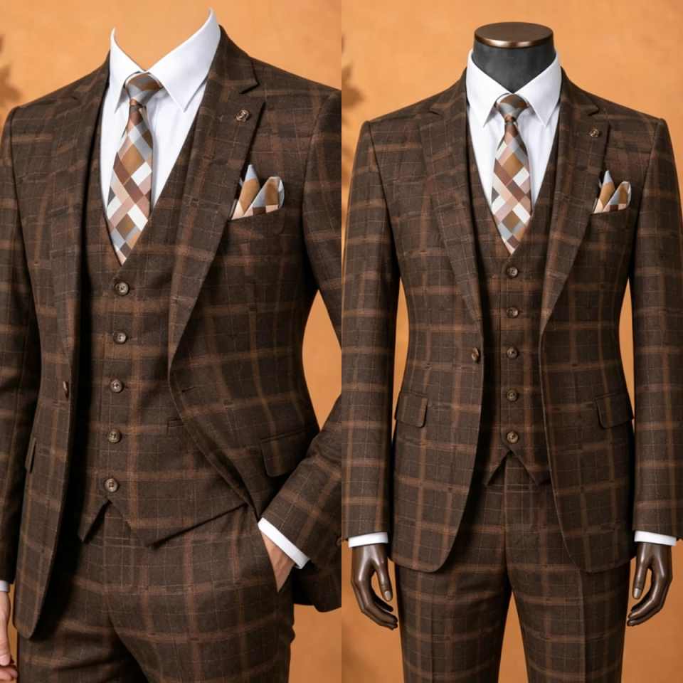 Elegant Brown Plaid Men 3 Piec - Men Formal Wear Brown ulasan dan harga